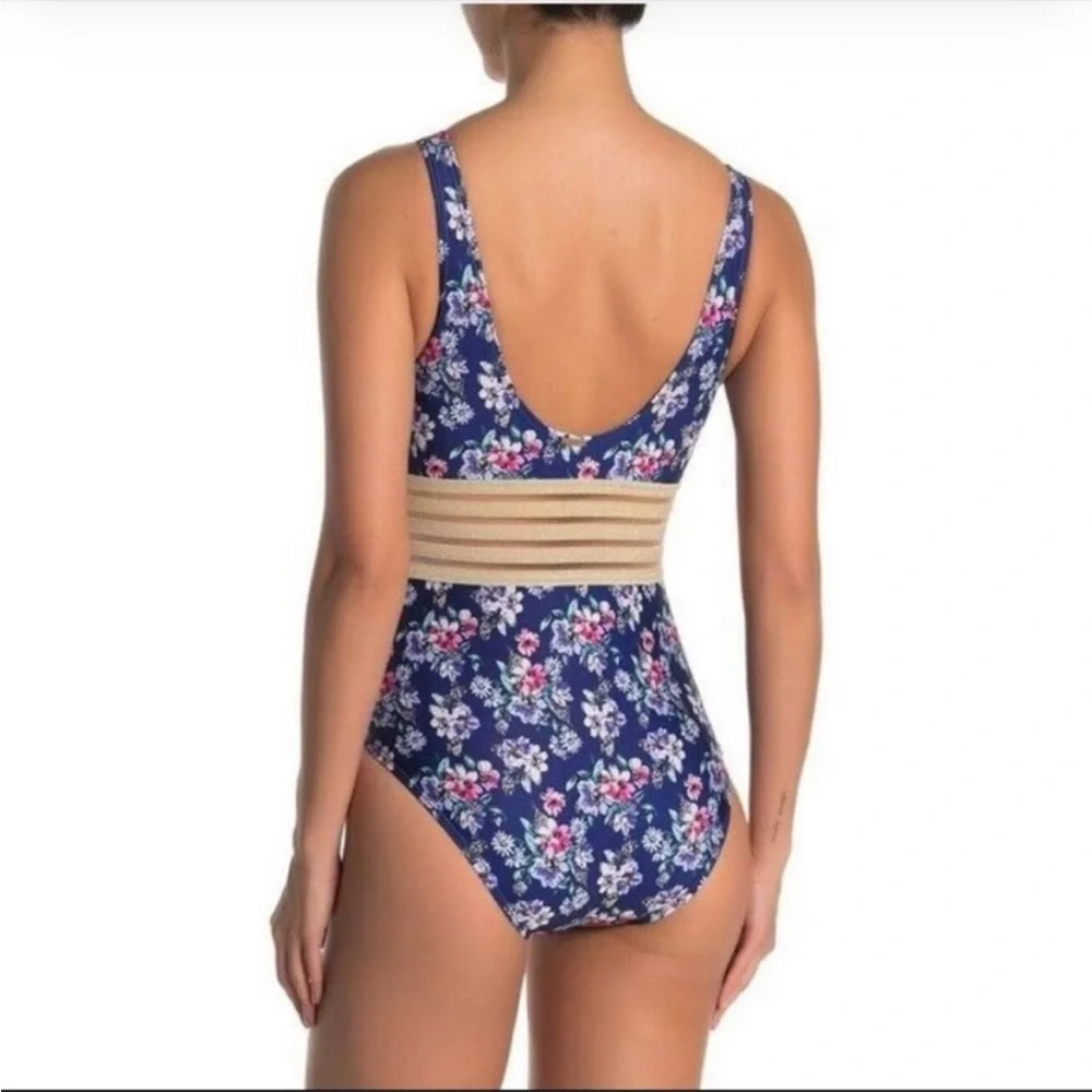 Nicole Miller New York One Piece Blue Floral Pattern mesh middle